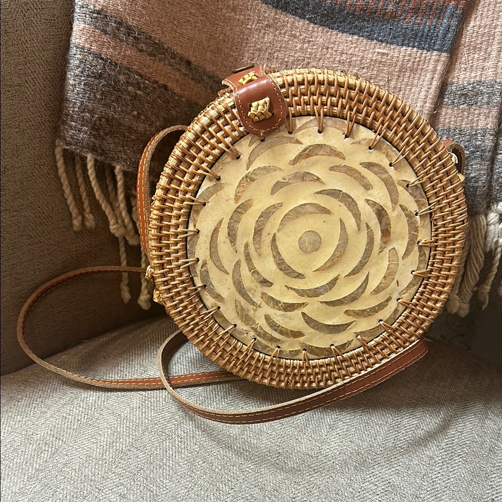 Artisan handmade round Bohemian Mother of Pearl Rattan Crossbody Bag
